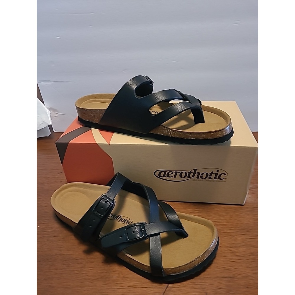 Aerothotic CorkSlides Womens Sz8 Black Synthetic Leather Arch Support PU1105 NIB - Picture 2 of 7